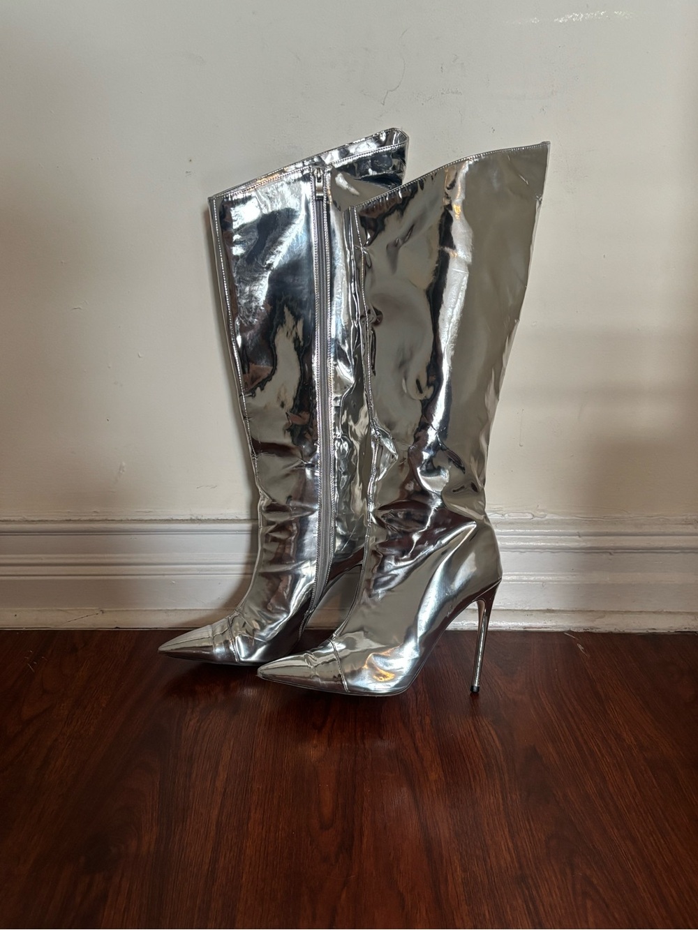Silver Metallic Knee-High Stiletto Boots | size 44